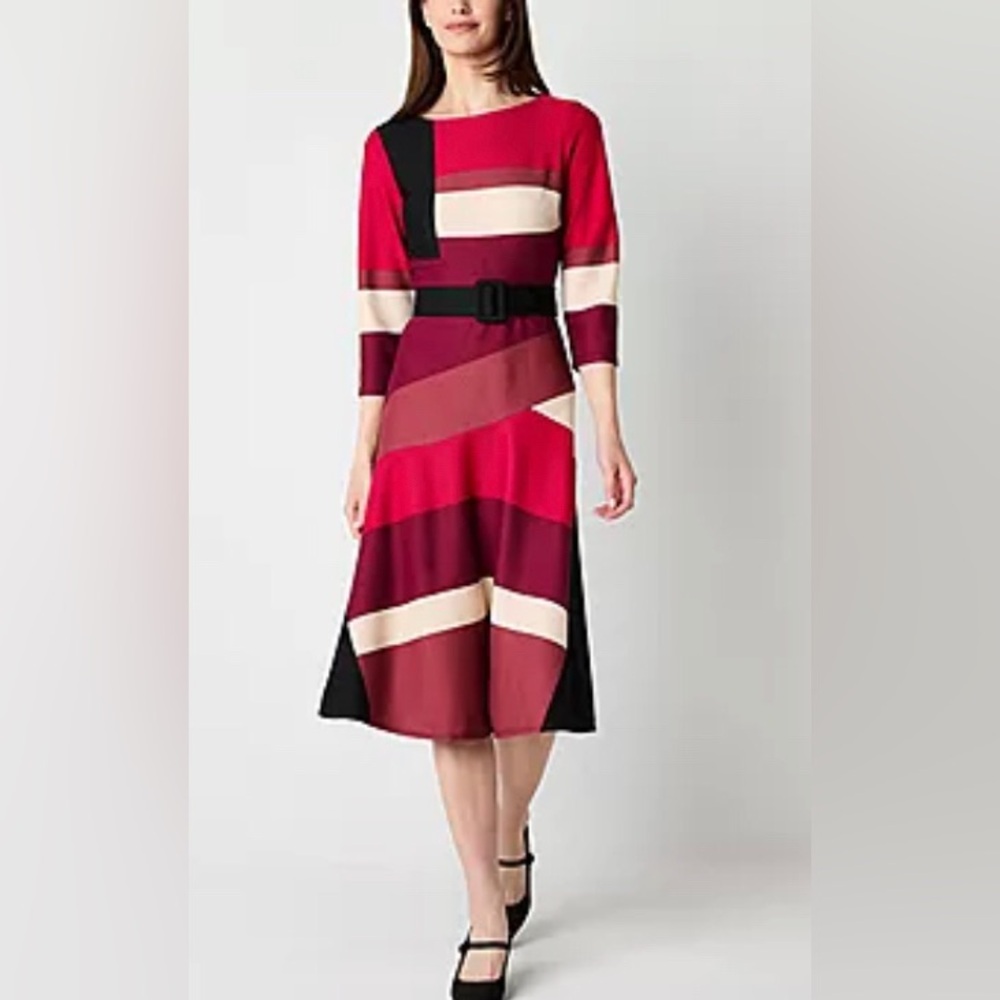 NEW Danny & Nicole Womens 3/4 Sleeve Midi Fit + Flare Dress 16P